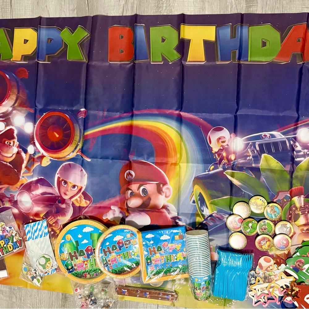Super Mario Blue Happy Birthday Party Tableware Set with Huge Banner!